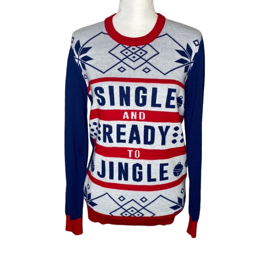 Walnut & 39th Single And Ready To Jingle Blue/Red/White Christmas Sweater S
